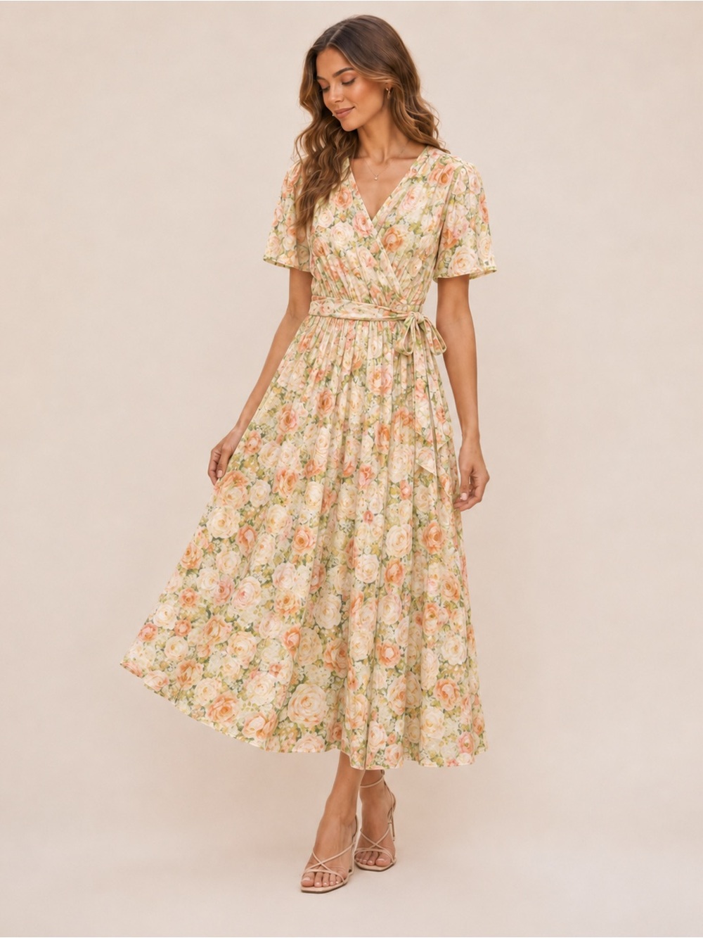 Ivy City Co Peach & Cream Floral Wrap Midi Dress Size 4